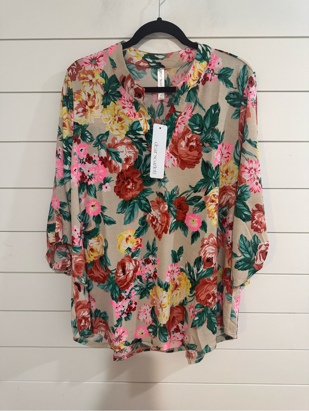 Dear Scarlett Floral V-Neck Tunic in Beige with Pink, Yellow & Green